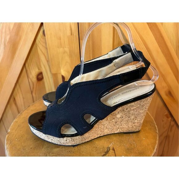Adrienne Vittadini Claudia Sandals Shoes SZ 8.5 Cork Wedge Slingback Black Fabri - Picture 3 of 7
